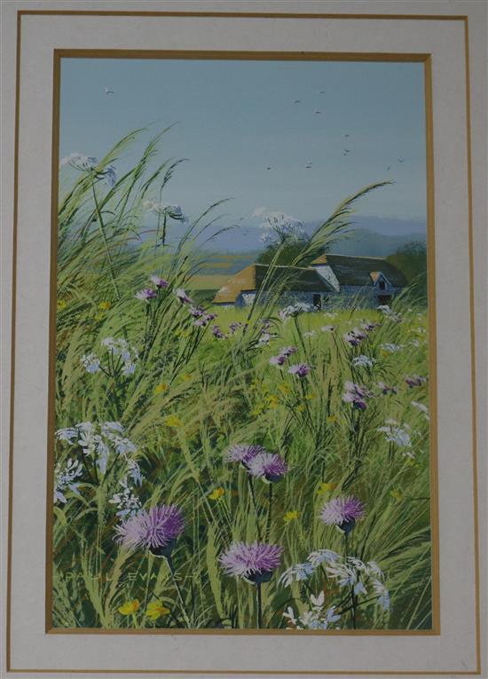 Paul Evans, gouache, Flowers and farm near Firle, signed 17.5 x 11cm